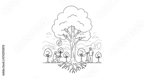Vector line art illustration of people planting trees in a field with a large tree overhead