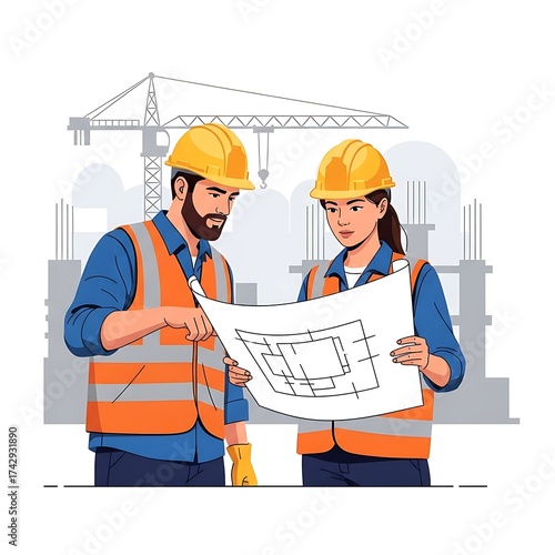 Construction Workers Reviewing Blueprint.