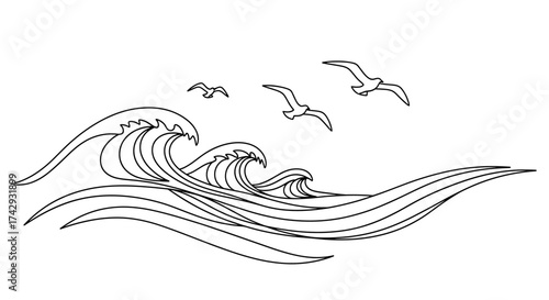 Vector stylized waves with flying birds outline drawing illustration vector graphic design art work image