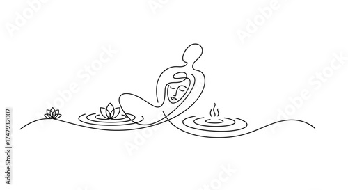 Vector continuous line drawing of person reclining with lotus flowers and flame on water ripples graphic