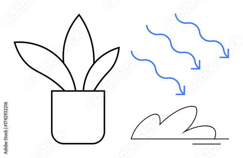 Potted plant beside airflow lines and heatwaves showing cooling effect. Ideal for nature, sustainability, indoor air improvement, green living, ventilation, energy efficiency, simple flat metaphor