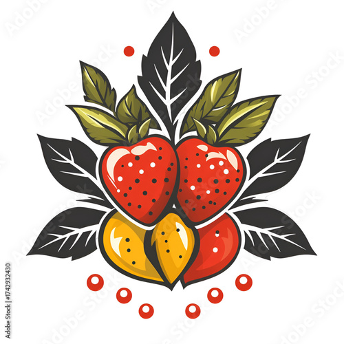 Three strawberries with leaves illustration vibrant pattern vintage style