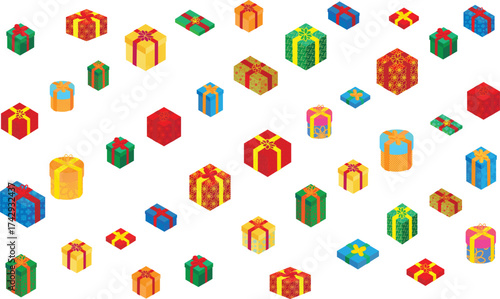 Vector. 3d Christmas decorative gift boxes isolated on white background. Holiday decorations under Christmas tree. New Year gift collection. Wrapped 3d birthday gift boxes. Wrapping paper.