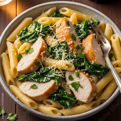 Chicken Pasta with Spinach and Parmesan.