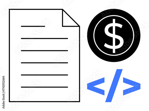 Document icon, dollar sign, and code tag representing finance, programming, and economic growth. Ideal for technology, business, coding, fintech digital economy innovation and education themes