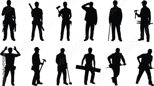 Silhouettes of male workers with tools, construction and industrial poses, laborer illustration, professional men at work vector, building industry concept, teamwork design art