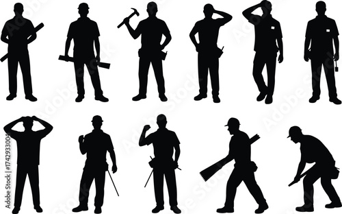 Silhouettes of male workers with tools, construction and labor poses, industrial profession illustration, building teamwork vector, strong men at work, handyman concept art
