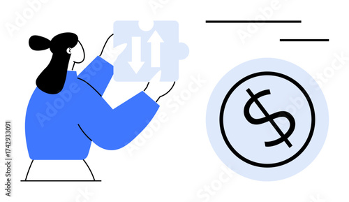 Woman placing puzzle piece with up and down arrows beside a dollar icon, symbolizing collaboration, strategy, leadership, financial management, team planning, problem-solving, business decisions