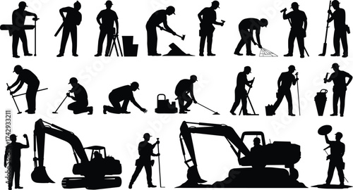 Construction workers, silhouettes, laborers, teamwork, digging, machinery, tools, building site, civil engineering, contractor, industry, workforce, job site