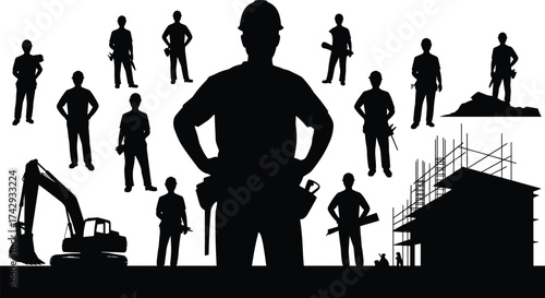 Construction workers, silhouettes, teamwork, building site, engineering, architecture, industry, contractor, laborers, project management, teamwork, workforce, construction tools, heavy machinery