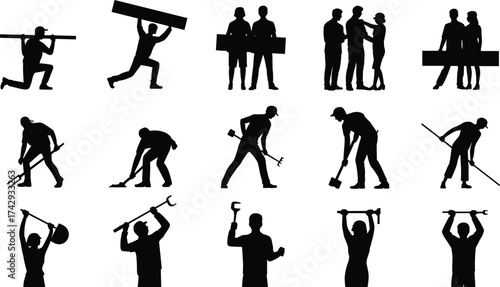Construction workers, teamwork, labor, builders, tools, silhouettes, industry, teamwork, effort, strength, job, occupation, construction, teamwork silhouettes