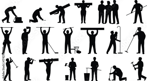 Construction workers, teamwork, silhouettes, builders, laborers, tools, teamwork, job, occupation, effort, industry, teamwork silhouettes, teamwork, craftsman