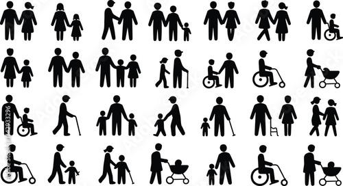 Family icons, diversity, inclusion, generations, people, care, love, support, community, parenting, disability, elderly, children, stroller, compassion, relationship