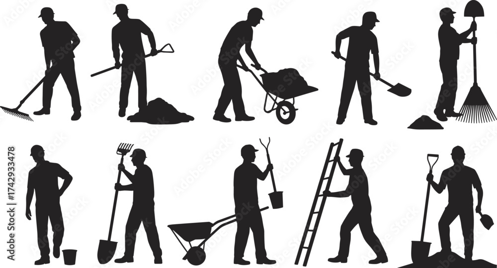Obraz premium Construction and gardening worker silhouettes using shovels, rakes, and wheelbarrows, teamwork, manual labor, digging, groundwork, landscaping, maintenance, and building illustration