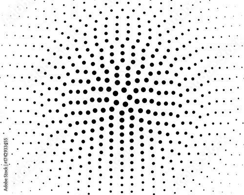Dotted pattern. Background with halftone gradient effect. Abstract geometric print with different sized black round shapes. Perforated texture. Wallpaper with holes. Vector graphic illustration.