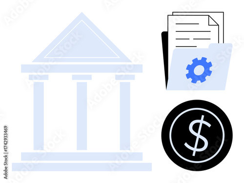 Governmental structure, document folder with settings gear, and dollar icon highlight banking, policy, and business. Ideal for finance, regulation, economy, management accounting legal taxation