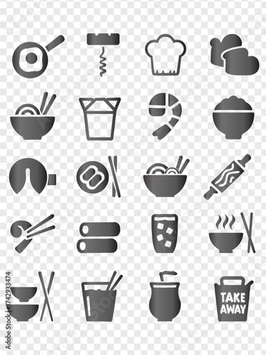 Asian Food, Cuisine, and Takeaway Icons Vector Set