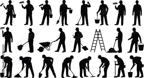 Construction worker silhouettes with tools, shovels, buckets, rollers, ladders, and wheelbarrows, building, renovation, labor, painting, maintenance, and industry illustration