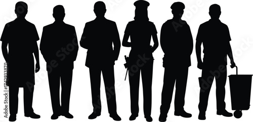 Silhouettes of different professions, workers and professionals standing together, teamwork diversity concept, business, healthcare, service, and security industry illustration