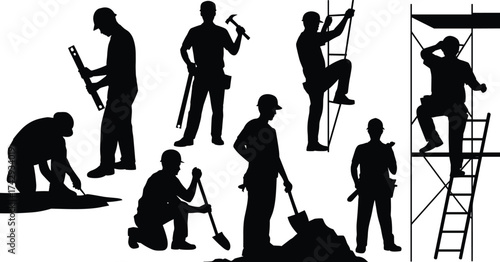 Construction workers silhouettes, building site laborers, teamwork and tools, scaffolding work, digging and measuring, manual labor, industry workforce