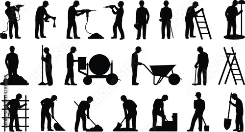 Construction workers silhouettes, laborers using tools, building site, industrial work, masonry, excavation, mixing cement, shoveling, teamwork, hard labor