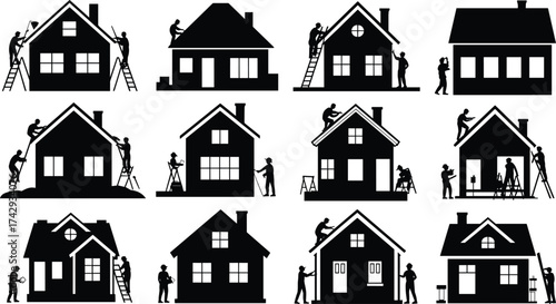 House construction silhouettes, home renovation, roof repair, workers painting and building, handyman service, residential maintenance, teamwork