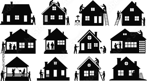 House construction silhouettes, home renovation, workers repairing buildings, residential maintenance, handyman service, roof repair, carpentry, painting