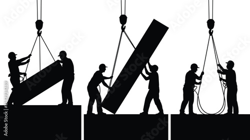 black construction worker silhouettes lifting heavy steel beam with crane, teamwork operation on building site, industrial lifting process vector illustration design