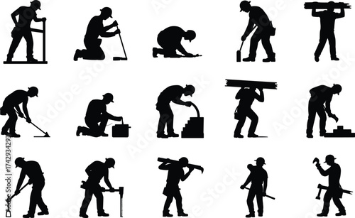 black construction worker silhouettes, builders performing heavy labor tasks, carrying materials, digging and building, industrial working poses vector illustration isolated design