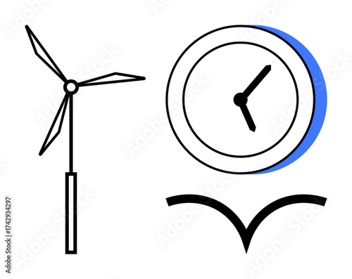 Wind turbine, analog clock, and curved line symbolizing sustainable energy, time importance, efficiency, progress, resource management, eco-consciousness. Ideal for sustainability time progress