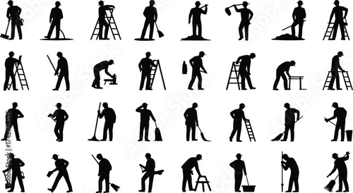 black construction workers silhouettes set, people working with ladder, broom, shovel, tools, and cleaning equipment vector illustration, industrial job teamwork on white background