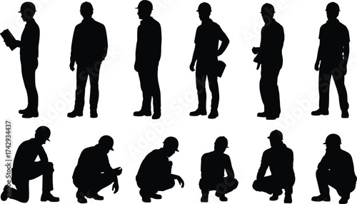black construction workers silhouettes set, standing and crouching poses, industrial laborers in hard hats, teamwork occupation vector, professional builders illustration art