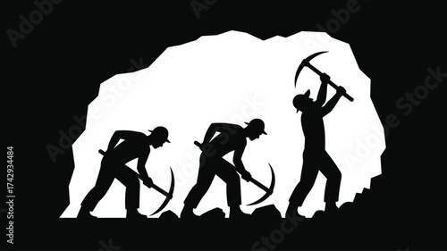 black miners silhouettes working with pickaxes inside cave tunnel, coal mining industry illustration, teamwork labor concept, underground worker vector on white background