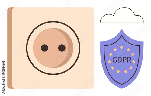 GDPR shield with stars, cloud icon, and power outlet signifying data security, cloud storage, and compliance. Ideal for privacy, regulation, technology, security compliance efficiency simple flat