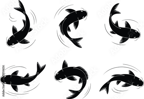 black koi fish silhouettes collection swimming and circling motion, elegant aquatic animal vector set, minimalist Japanese carp art for tattoo and design