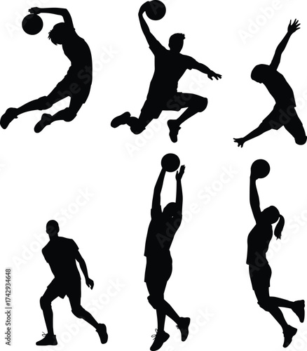 black basketball player silhouettes collection, slam dunk, jump shot, and dribbling action poses, isolated sports vector for athlete, fitness, and team artwork