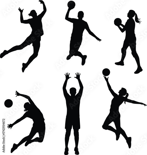 black basketball player silhouettes in action poses, dynamic jump shots, dribble and dunk movements, isolated vector design for sports, fitness, and team artwork