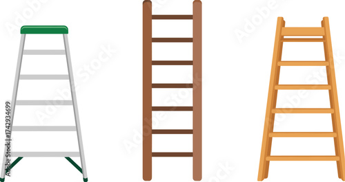 different types of ladders collection, wooden and metal step ladders, construction equipment illustration, realistic vector design for repair, building, and home improvement