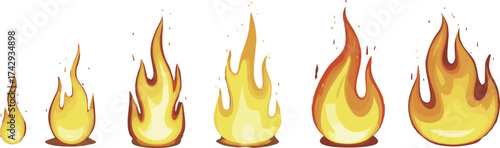 realistic fire flame vector collection, burning fire set, hot yellow orange flame illustration, heat energy element, blazing fire isolated design