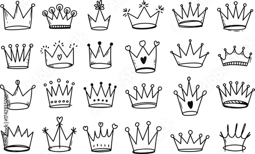 hand drawn crown doodle set, black outline vector illustration of royal king and queen tiara collection, cute simple sketch design