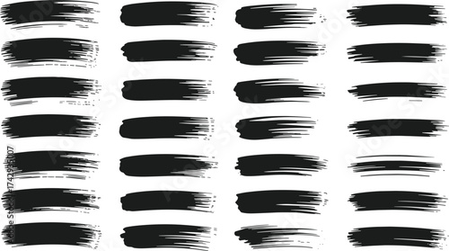 black grunge brush stroke set, abstract paint texture vector collection, dry ink smudge and rough paint mark design isolated on white background
