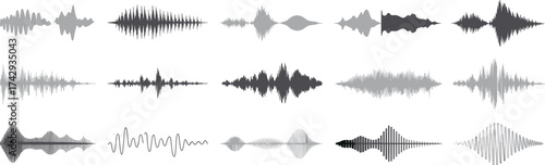 black and gray sound wave vector set, digital audio waveform collection, abstract voice frequency pattern, modern equalizer pulse design illustration