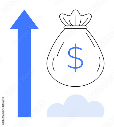 Money sack with dollar sign, upward arrow symbolizing progress, and cloud motif. Ideal for financial success, profit, investment, economic growth, savings, wealth creation simple flat metaphor