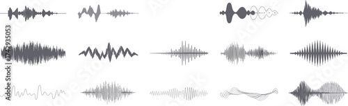 black sound wave vector set, audio waveform illustration, digital voice equalizer shapes, abstract music frequency pattern, sound signal amplitude design