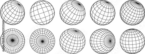 3d sphere grid wireframe set, geometric globe mesh line design, abstract spherical structure illustration, black contour global connection shapes vector