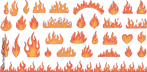 flame fire shapes collection, burning icons set with heart and line design, hot heat symbols vector illustration isolated on white background