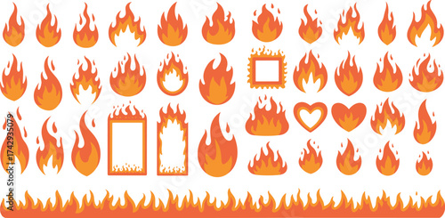 flame fire icons collection, burning shapes set with heart and frame design, hot heat elements vector illustration isolated on white background