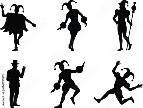 silhouette jesters and clowns dancing performing, joker costume characters in funny poses, carnival entertainer comedy performer traditional festival fool illustration on white background