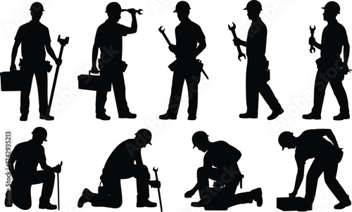 Silhouette workers, mechanical tools, construction repair, wrench holding, screwdriver use, toolbox carrying, kneeling labor, bending posture, skilled trades, engineering work, maintenance profession