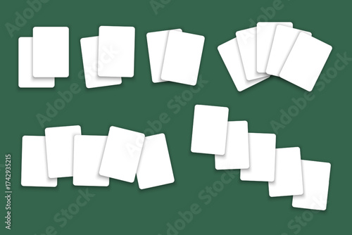 Set of blank white playing card mockups isolated on green felt table background. Playcard templates in different arrangements. Poker game concept. Vector realistic illustration.